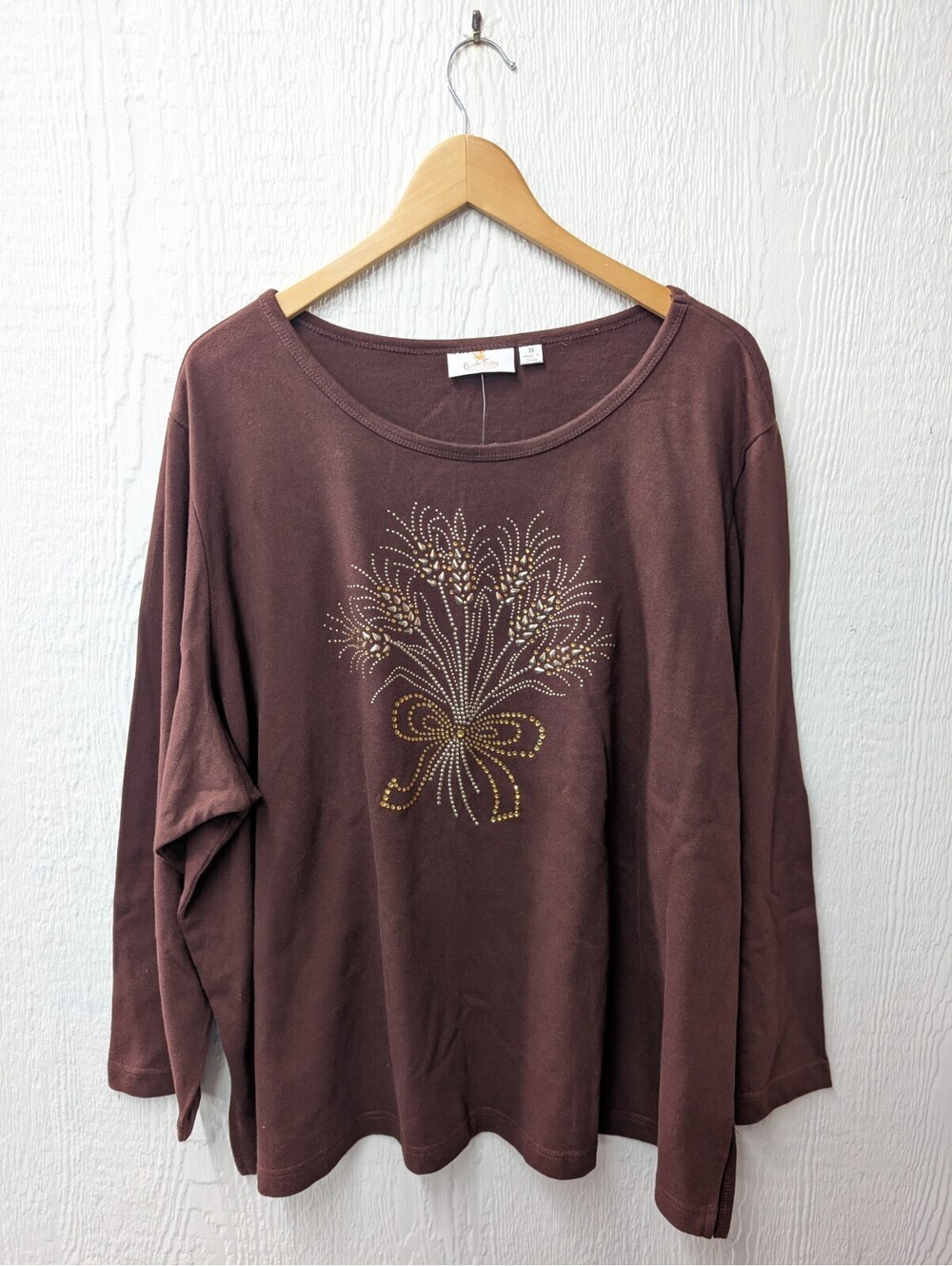 NWT Quacker Factory Brown Rhinestone Top Short Fall Autumn Harvest Plus Size 3X
